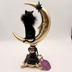 Eerie Charm Halloween Black Cat on Gold Crescent Moon Figurine NWT